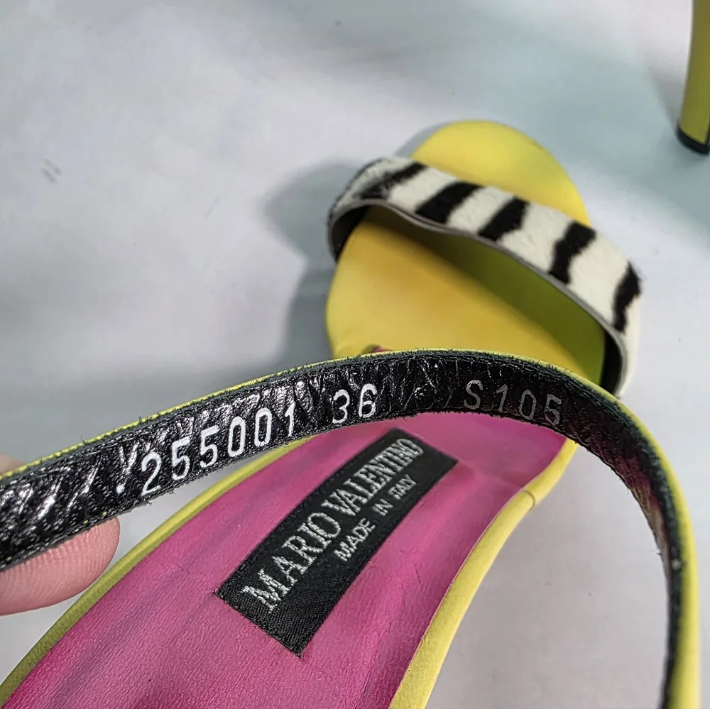 Mario Valentino Italy Zebra Print Calf Hair & Lime Green Leather Heel Sandals